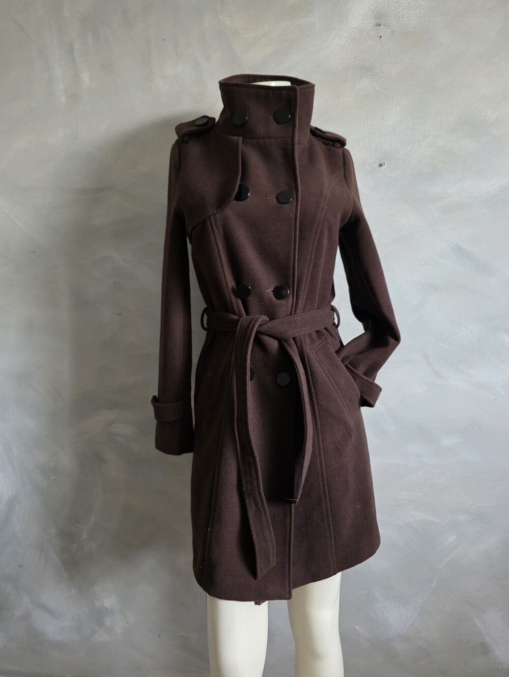 Vtg MaxMara Chocolate Brown Double Breasted Wool Blend Funnel Neck Trench Coat M